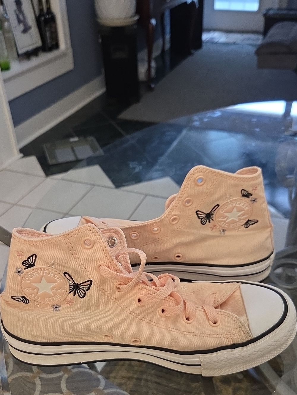 Women's Pink Butterfly High-Top Canvas Sneakers - Picture 2 of 6